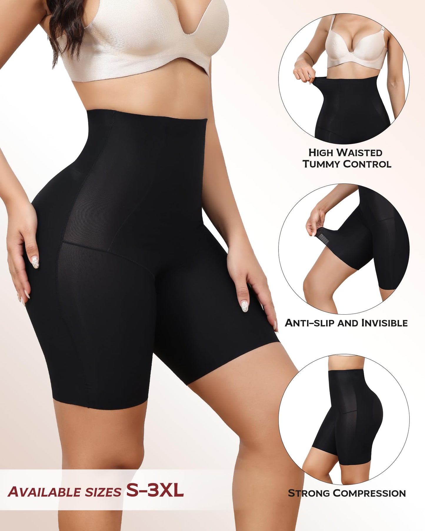LEVAO High Waisted Tummy Control Shorts for Women Shapewear with Steel Bones, Seamless Body Shaper Panties Anti-Roll Down