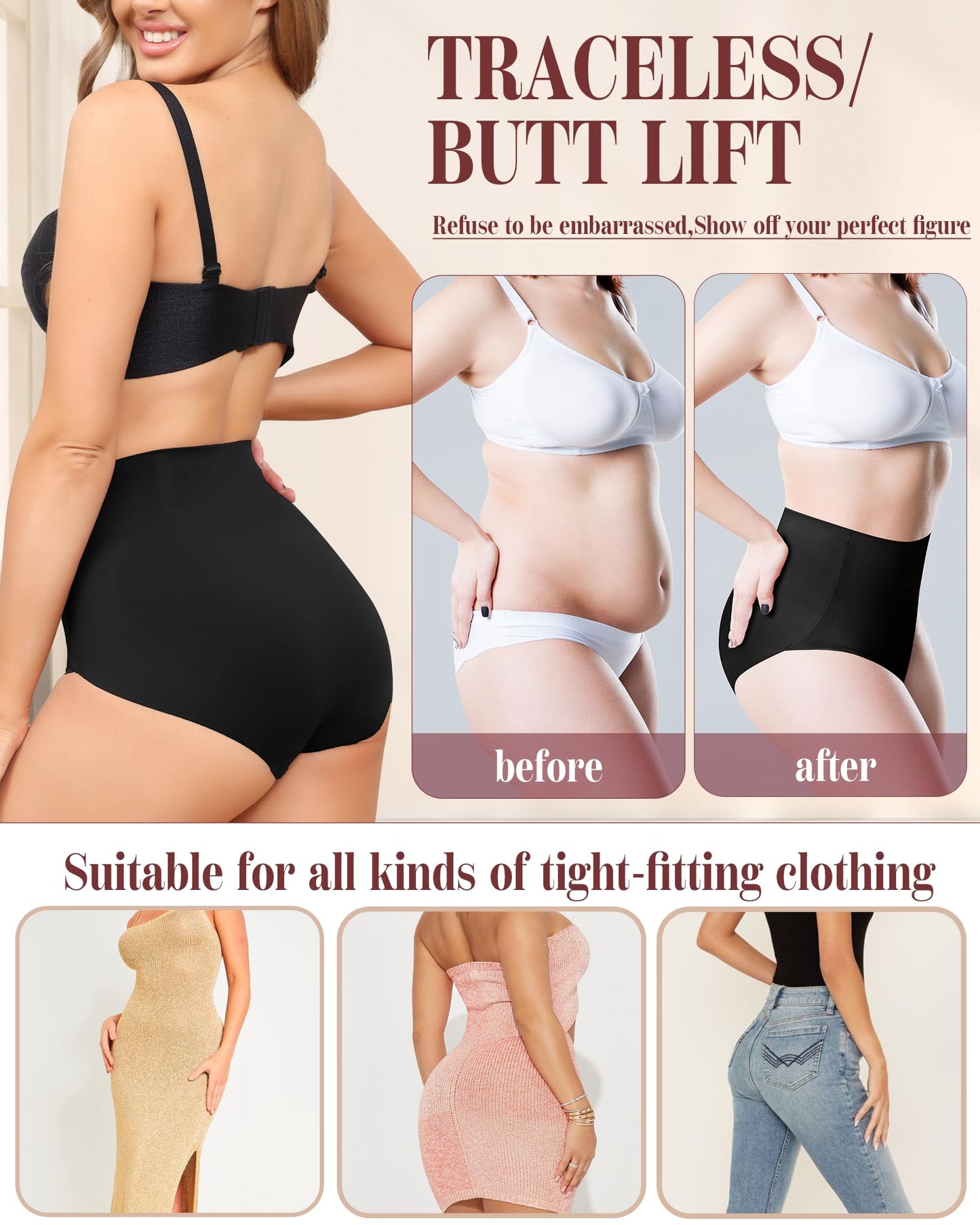 LEVAO Women Tummy Control Underwear, High Waisted Seamless Panties No Show Postpartum Briefs 4 Pack S-3XL