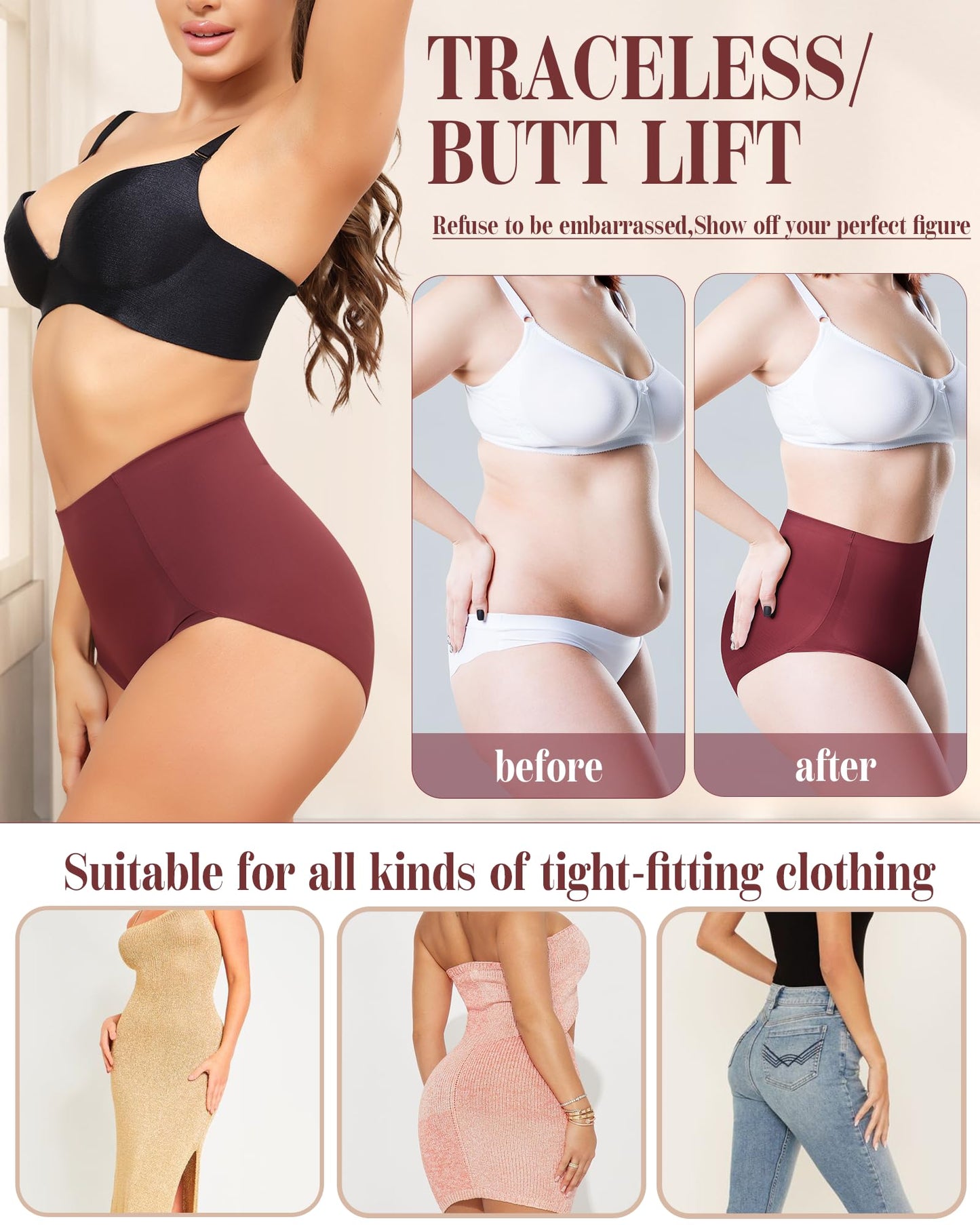 LEVAO Women Tummy Control Underwear, High Waisted Seamless Panties No Show Postpartum Briefs 4 Pack S-3XL