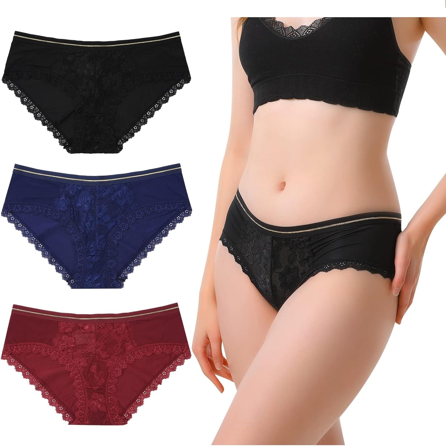 Cheeky Underwear for Women, Soft Stretch Briefs Low Rise Lace Bikini Panties