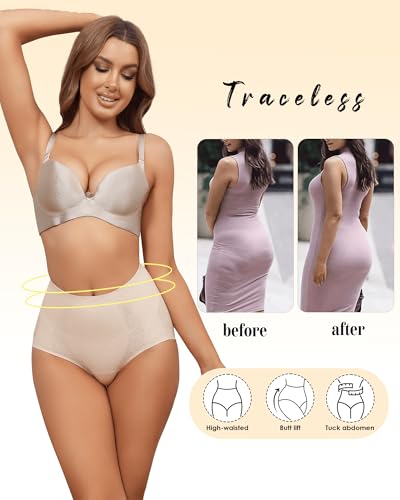 LEVAO Tummy Control High Waisted Underwear for Women Full Coverage No Show Stretch Briefs Seamless Ladies Lace Panties S-XXL