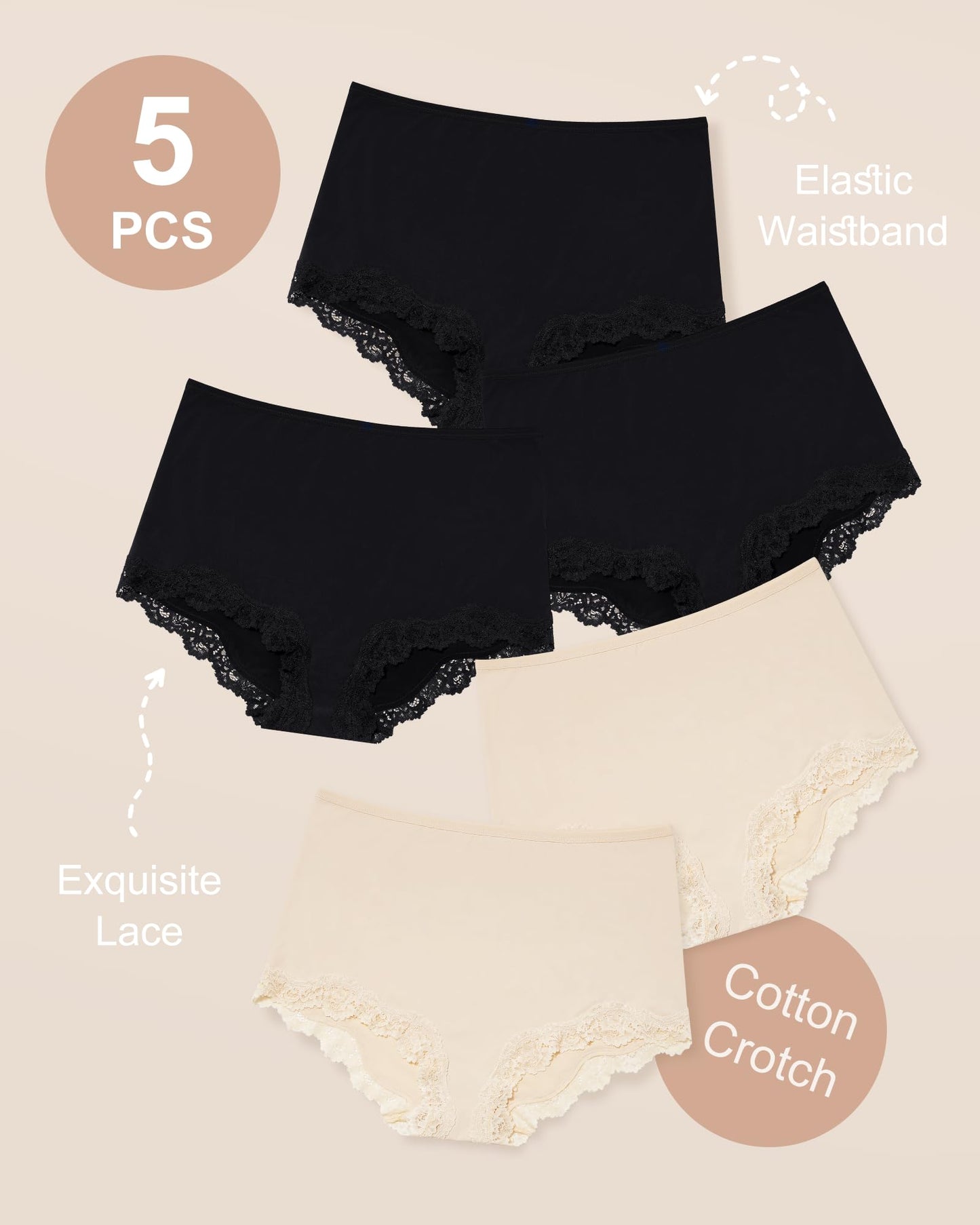 LEVAO Women’s High Waisted Underwear Stretchy Boxer Panties Lace Full Covreage Briefs 5 Pack S-XL