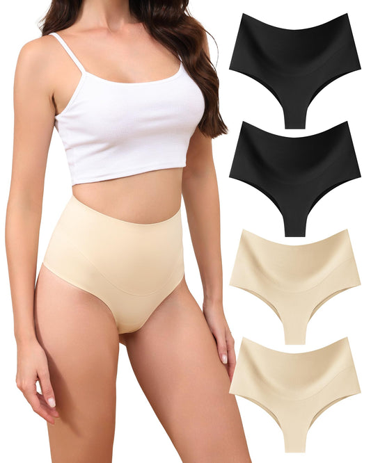 LEVAO High-Waist Thong Shapewear for Women – Tummy Control Seamless Brazilian Panties, No Show, Postpartum Underwear, 4-Pack