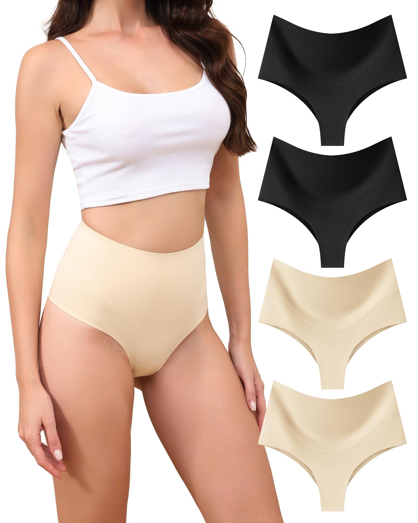 LEVAO High-Waist Thong Shapewear for Women – Tummy Control Seamless Brazilian Panties, No Show, Postpartum Underwear, 4-Pack