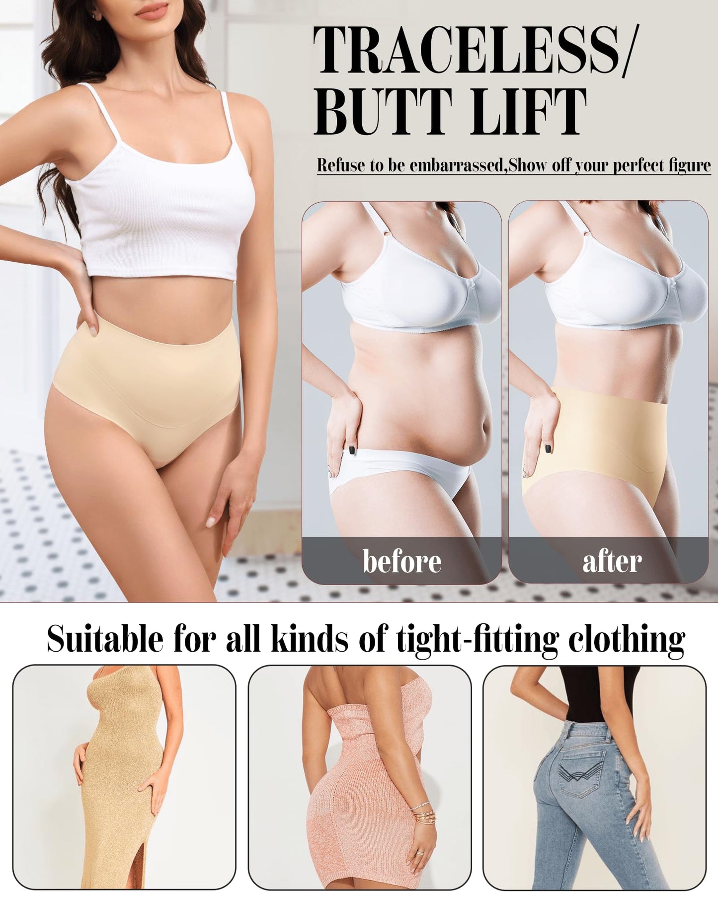 LEVAO High-Waist Thong Shapewear for Women – Tummy Control Seamless Brazilian Panties, No Show, Postpartum Underwear, 4-Pack
