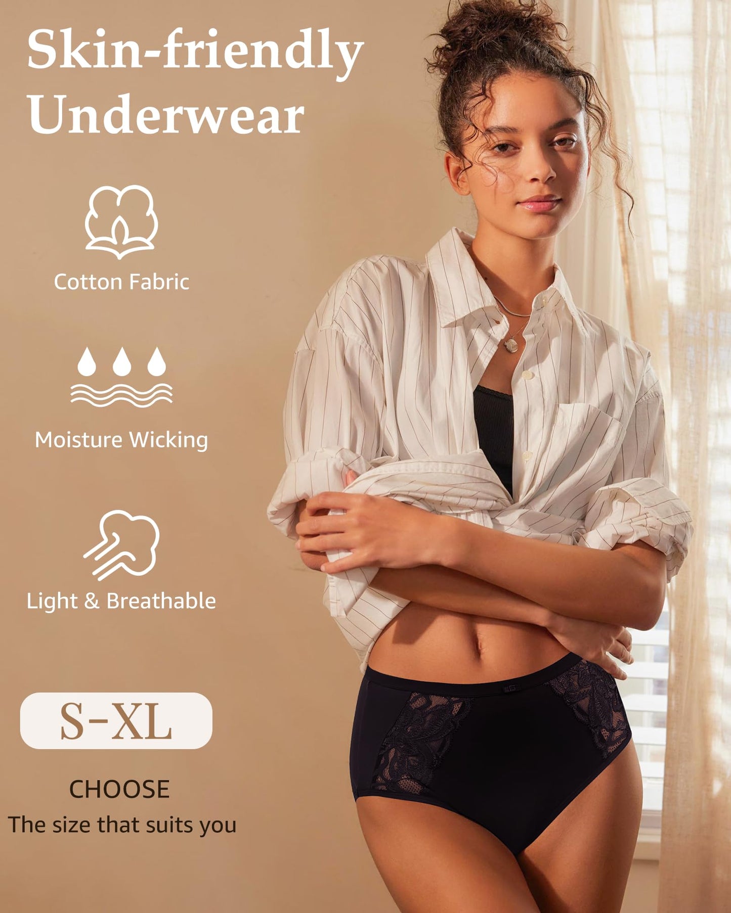 LEVAO Cotton Underwear for Women, Lace High Waisted Lace Hipster, Stretch Bikini Briefs for Ladies, Breathable & Soft, 6 Pack