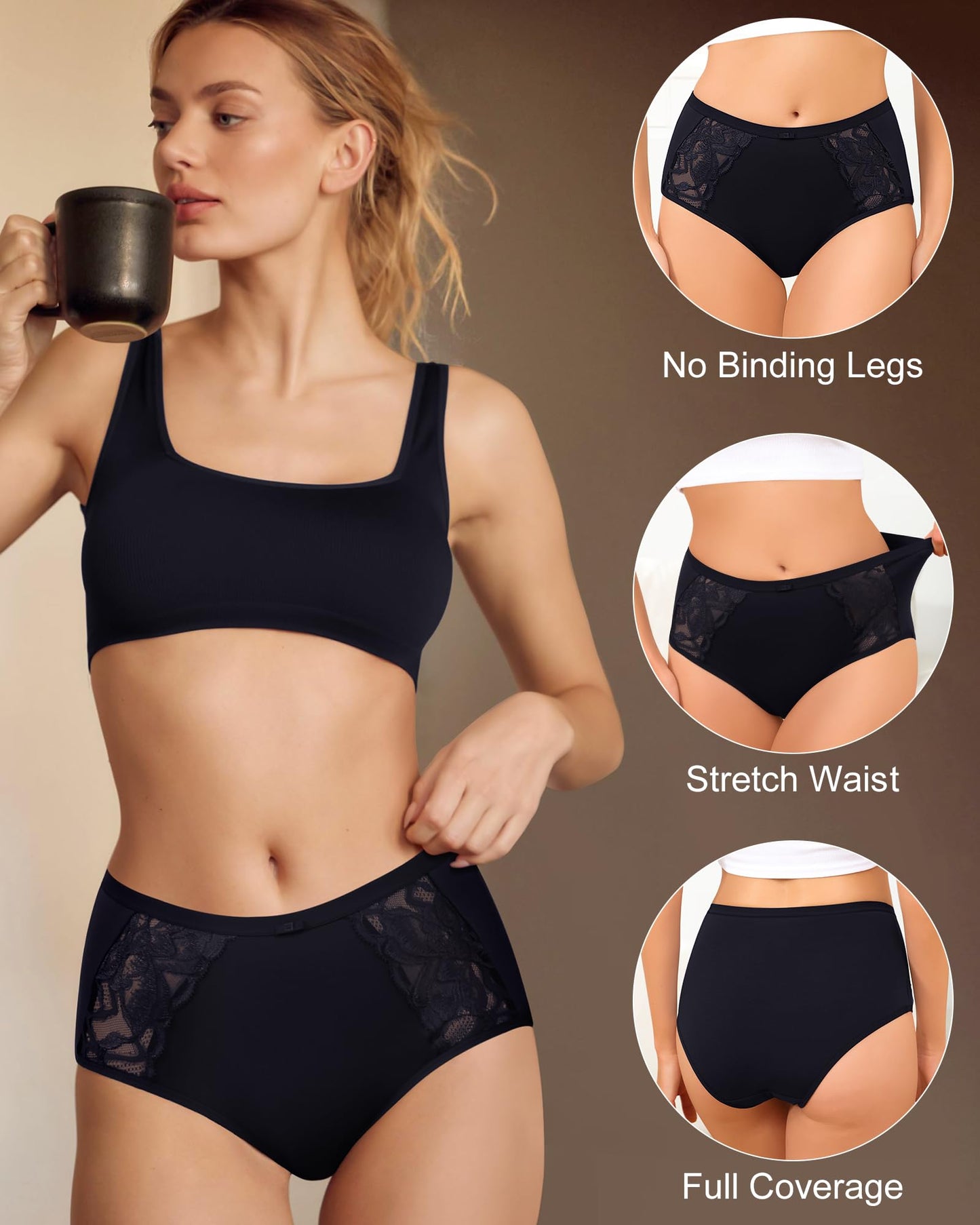 LEVAO Cotton Underwear for Women, Lace High Waisted Lace Hipster, Stretch Bikini Briefs for Ladies, Breathable & Soft, 6 Pack