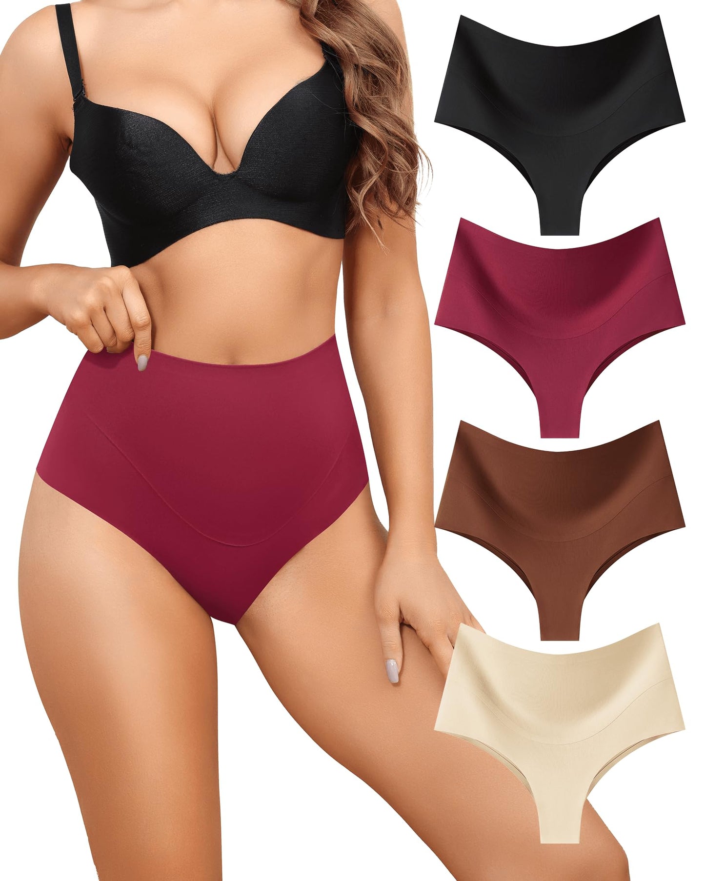 LEVAO High-Waist Thong Shapewear for Women – Tummy Control Seamless Brazilian Panties, No Show, Postpartum Underwear, 4-Pack