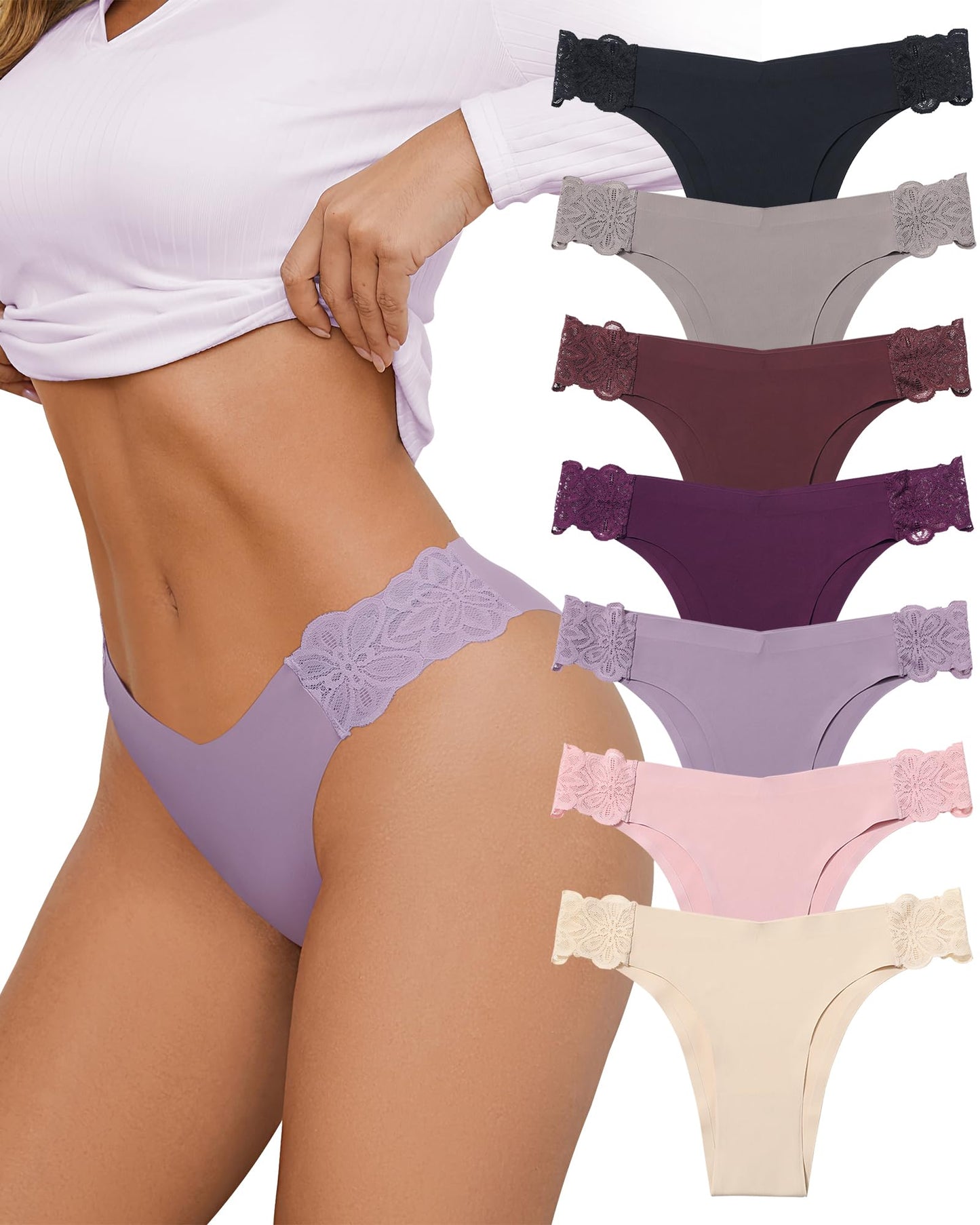 No Show Cheeky Bikini High Cut Lace Underwear Invisible Panties 7 Pack S-XL