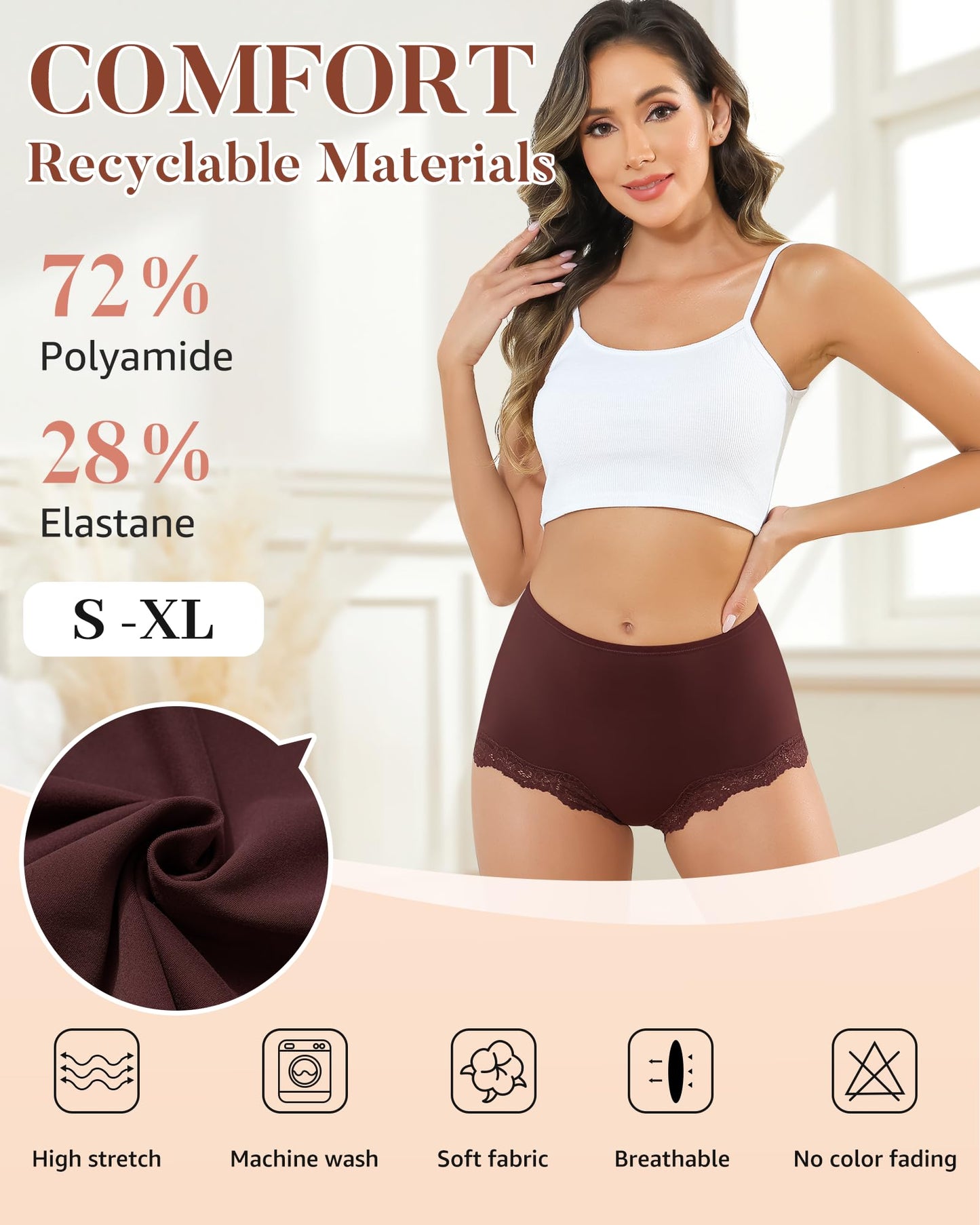 LEVAO Women’s High Waisted Underwear Stretchy Boxer Panties Lace Full Covreage Briefs 5 Pack S-XL