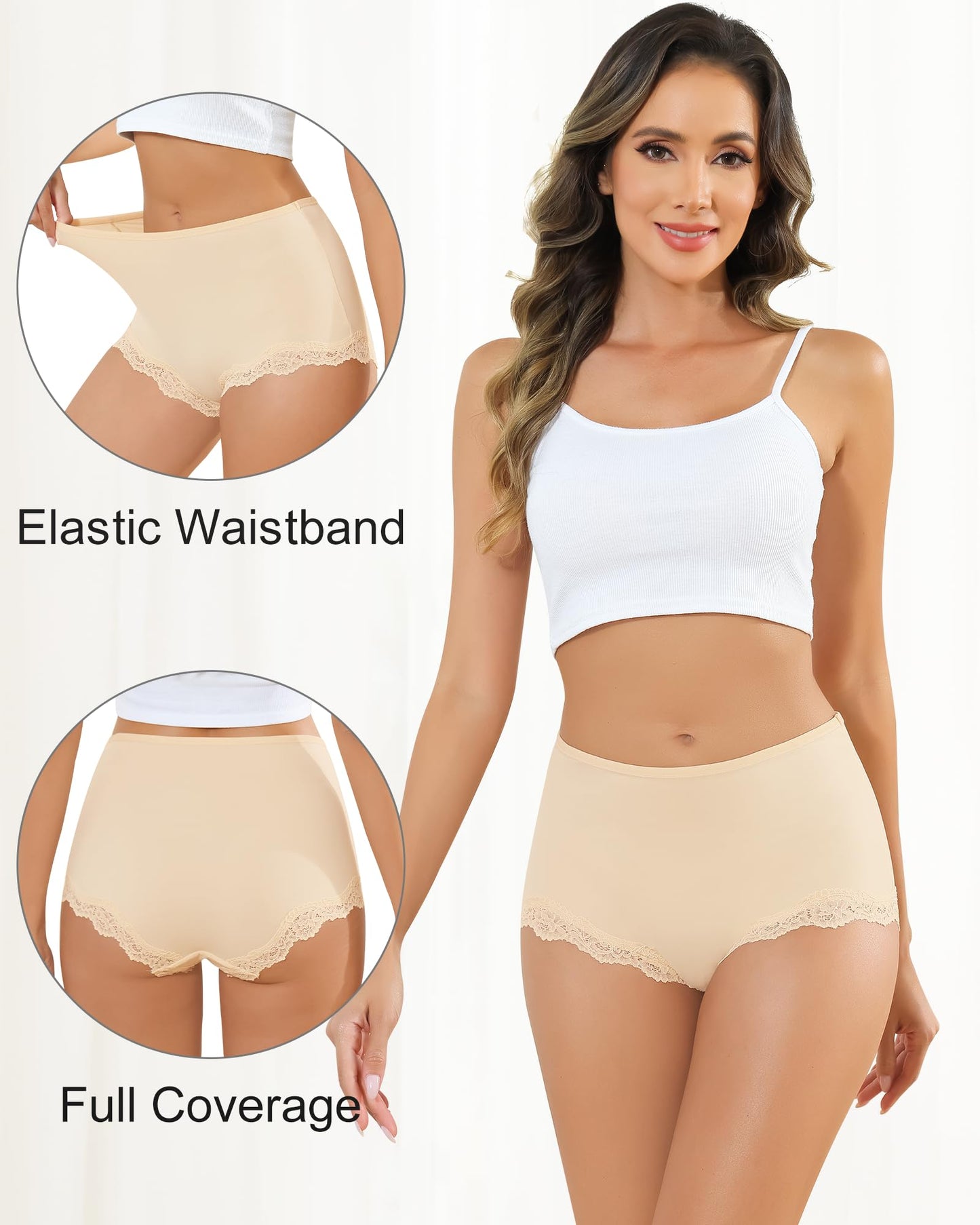 LEVAO Women’s High Waisted Underwear Stretchy Boxer Panties Lace Full Covreage Briefs 5 Pack S-XL
