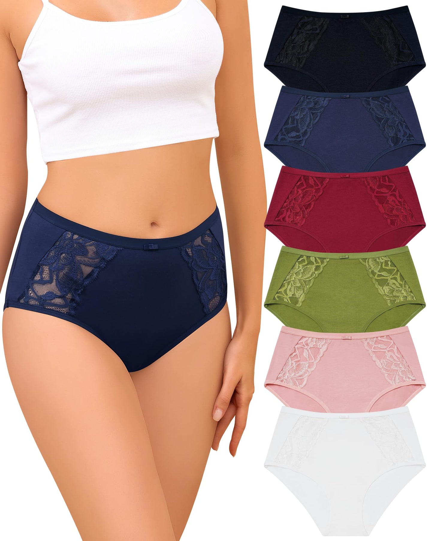 LEVAO Cotton Underwear for Women, Lace High Waisted Lace Hipster, Stretch Bikini Briefs for Ladies, Breathable & Soft, 6 Pack