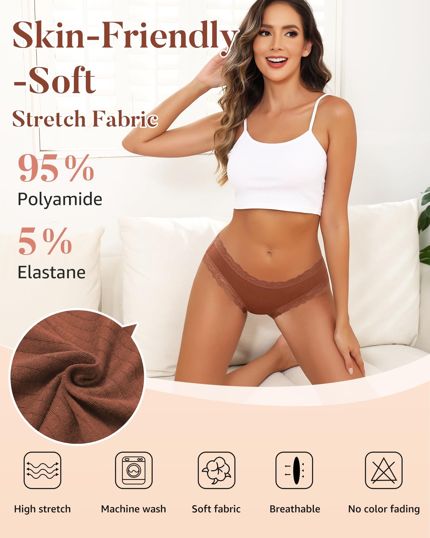 LEVAO Cotton Underwear for Women Lace Cheeky Bikini Panties Full Coverage Soft Stretch Hipster Ladies Briefs 9 Pack S-XL