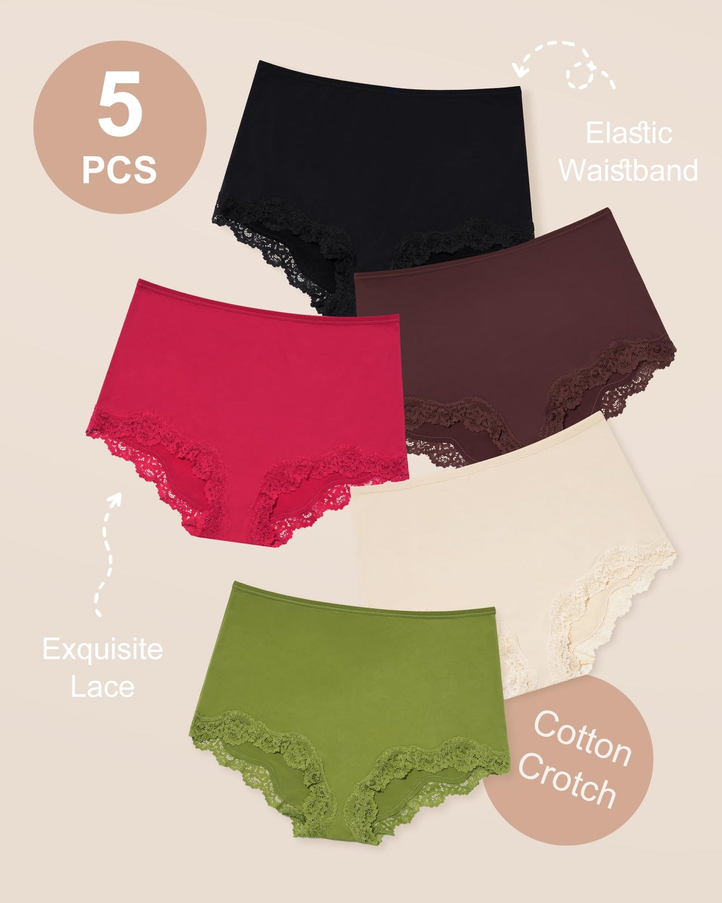 LEVAO Women’s High Waisted Underwear Stretchy Boxer Panties Lace Full Covreage Briefs 5 Pack S-XL