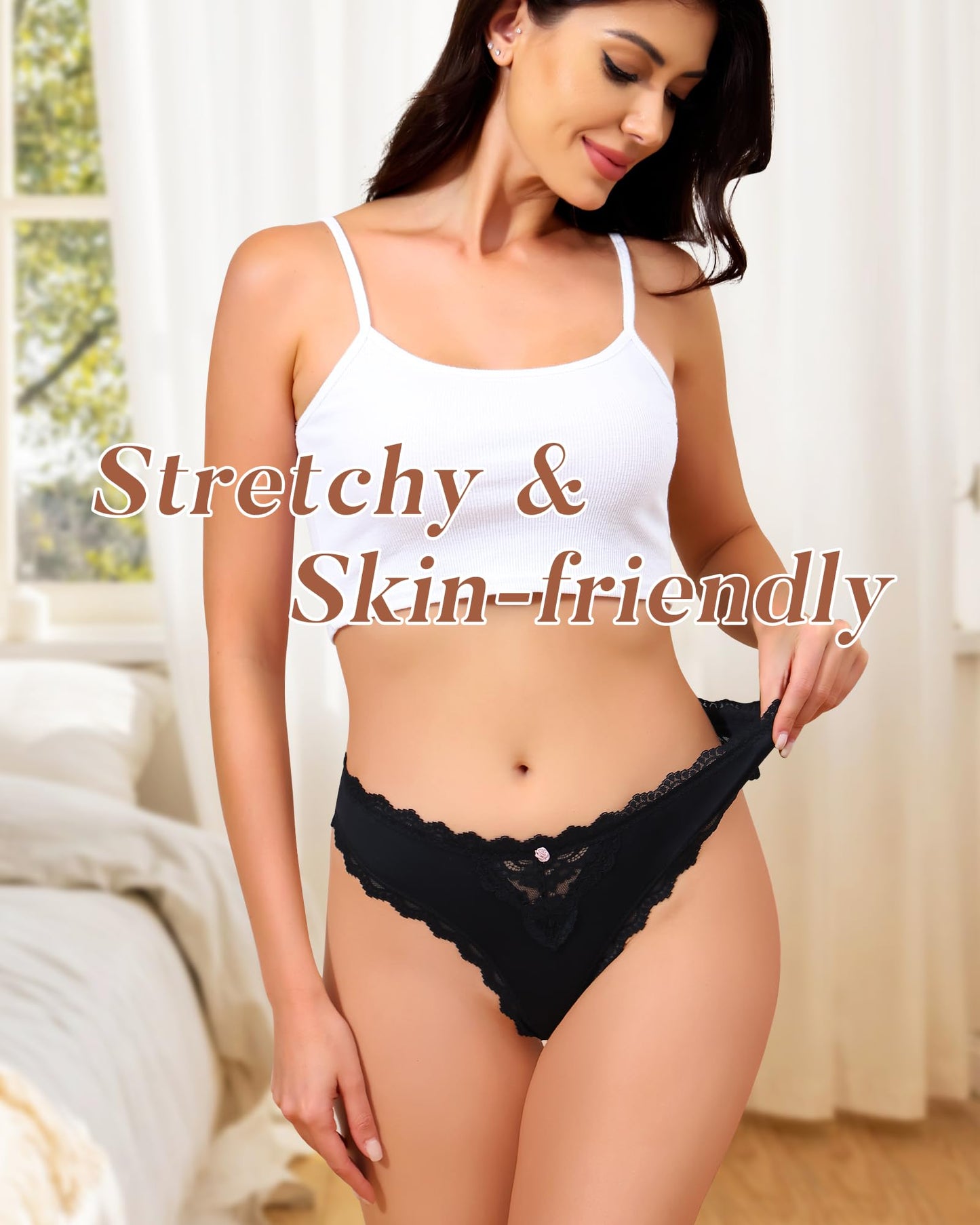 LEVAO Lace Thongs Low Waisted Underwear for Women Stretch Bikini Panties T Back Hipster Cheeky Breathable Briefs Multipack