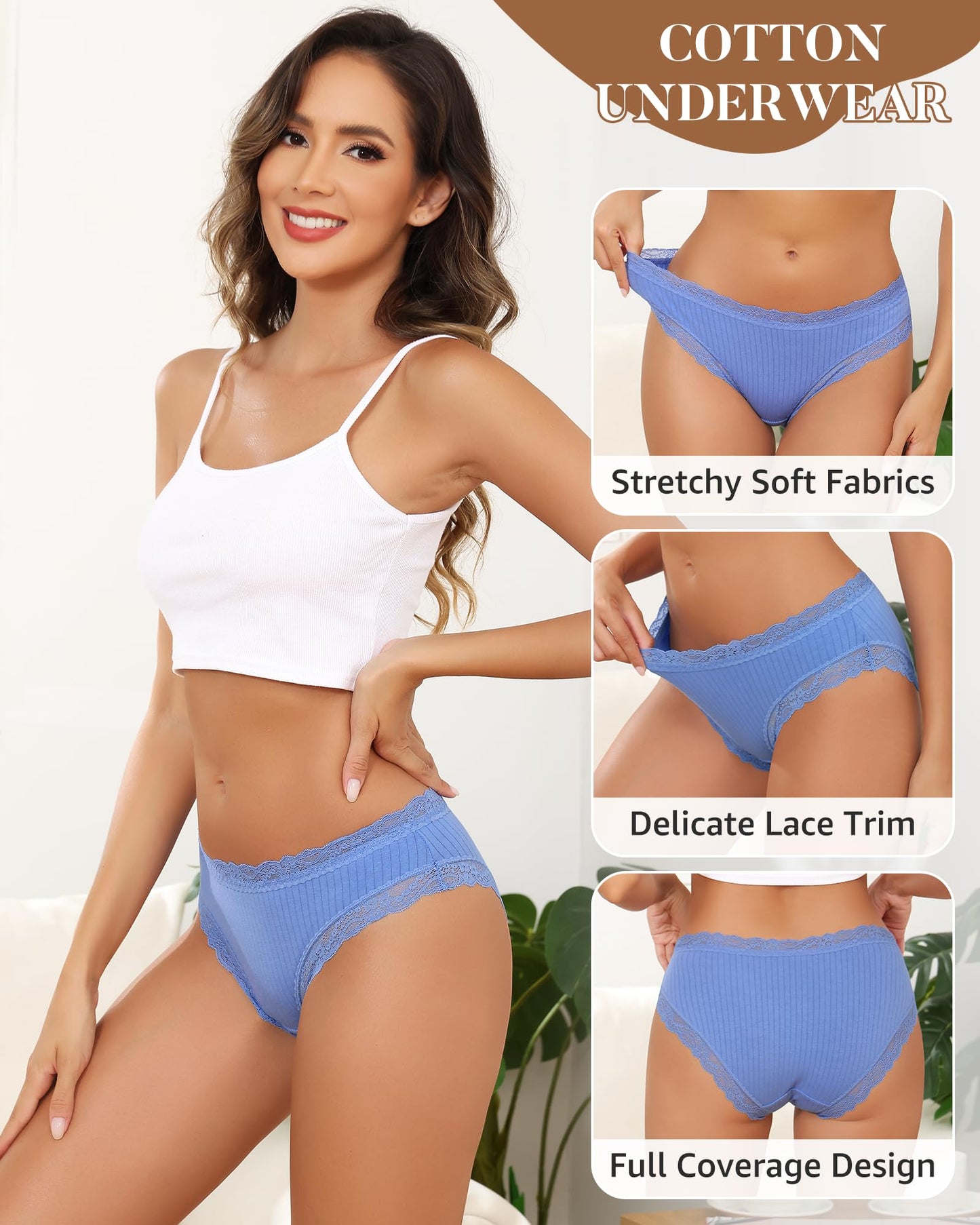 LEVAO Cotton Underwear for Women Lace Cheeky Bikini Panties Full Coverage Soft Stretch Hipster Ladies Briefs 9 Pack S-XL