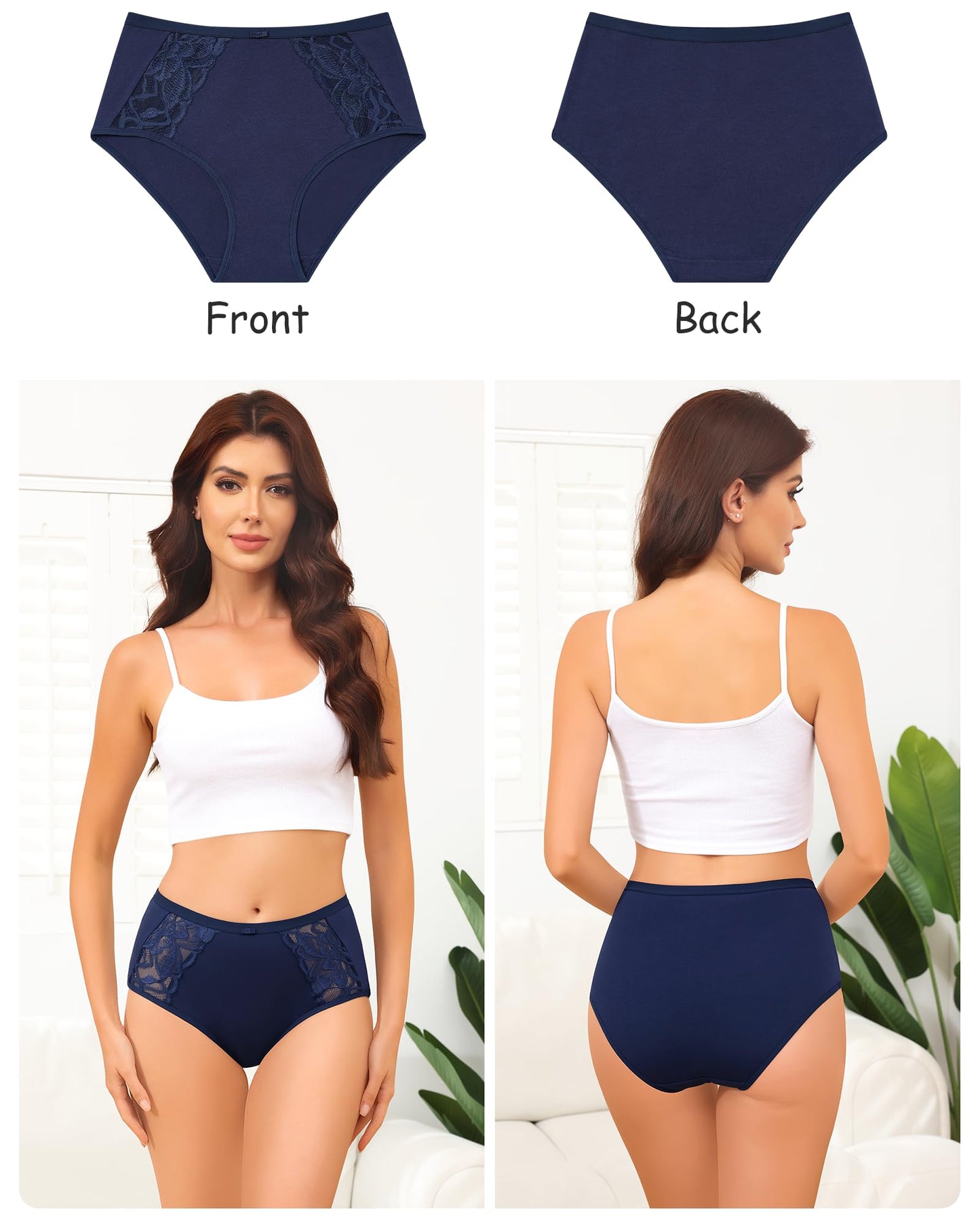 LEVAO Cotton Underwear for Women, Lace High Waisted Lace Hipster, Stretch Bikini Briefs for Ladies, Breathable & Soft, 6 Pack
