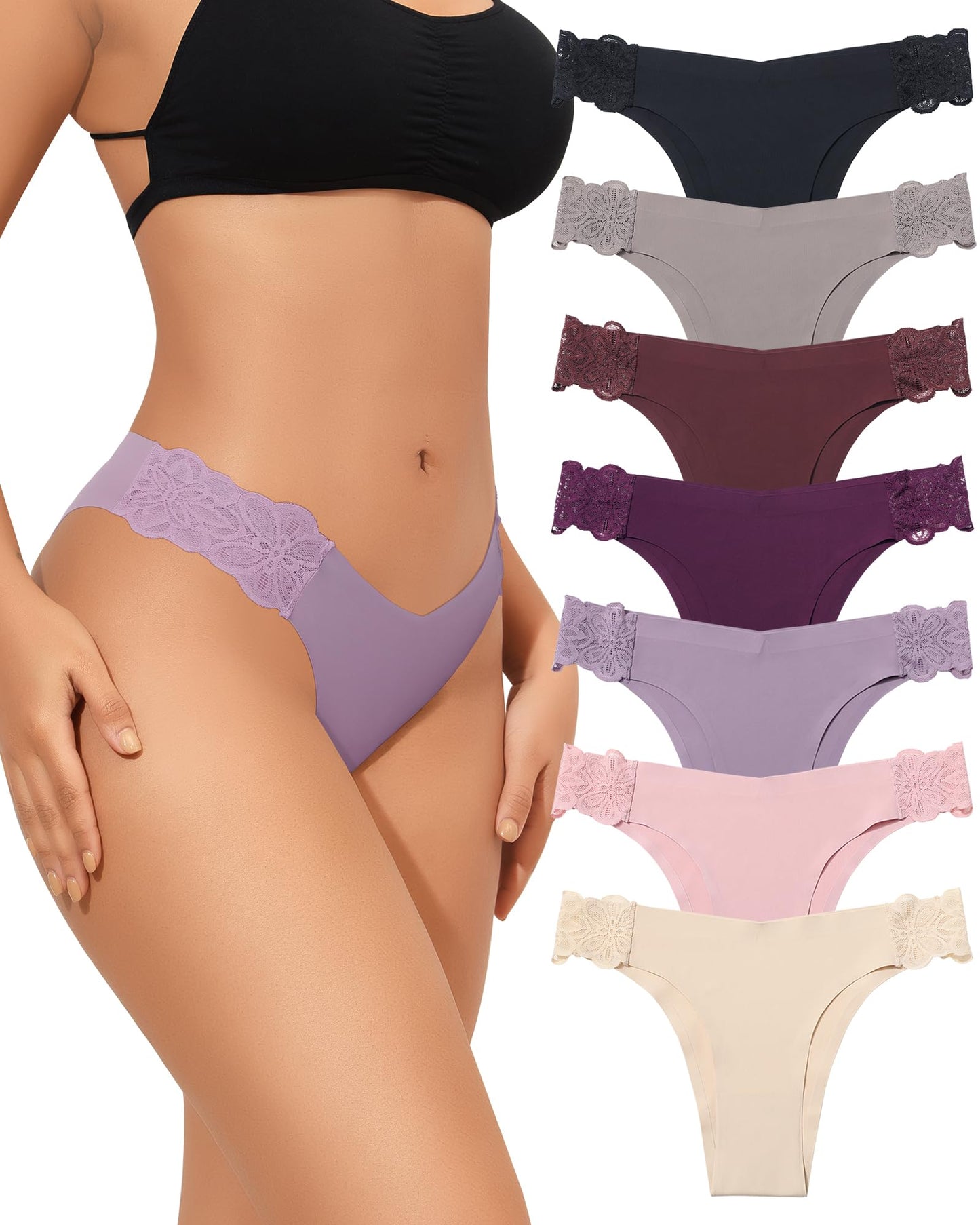 No Show Cheeky Bikini High Cut Lace Underwear Invisible Panties 7 Pack S-XL