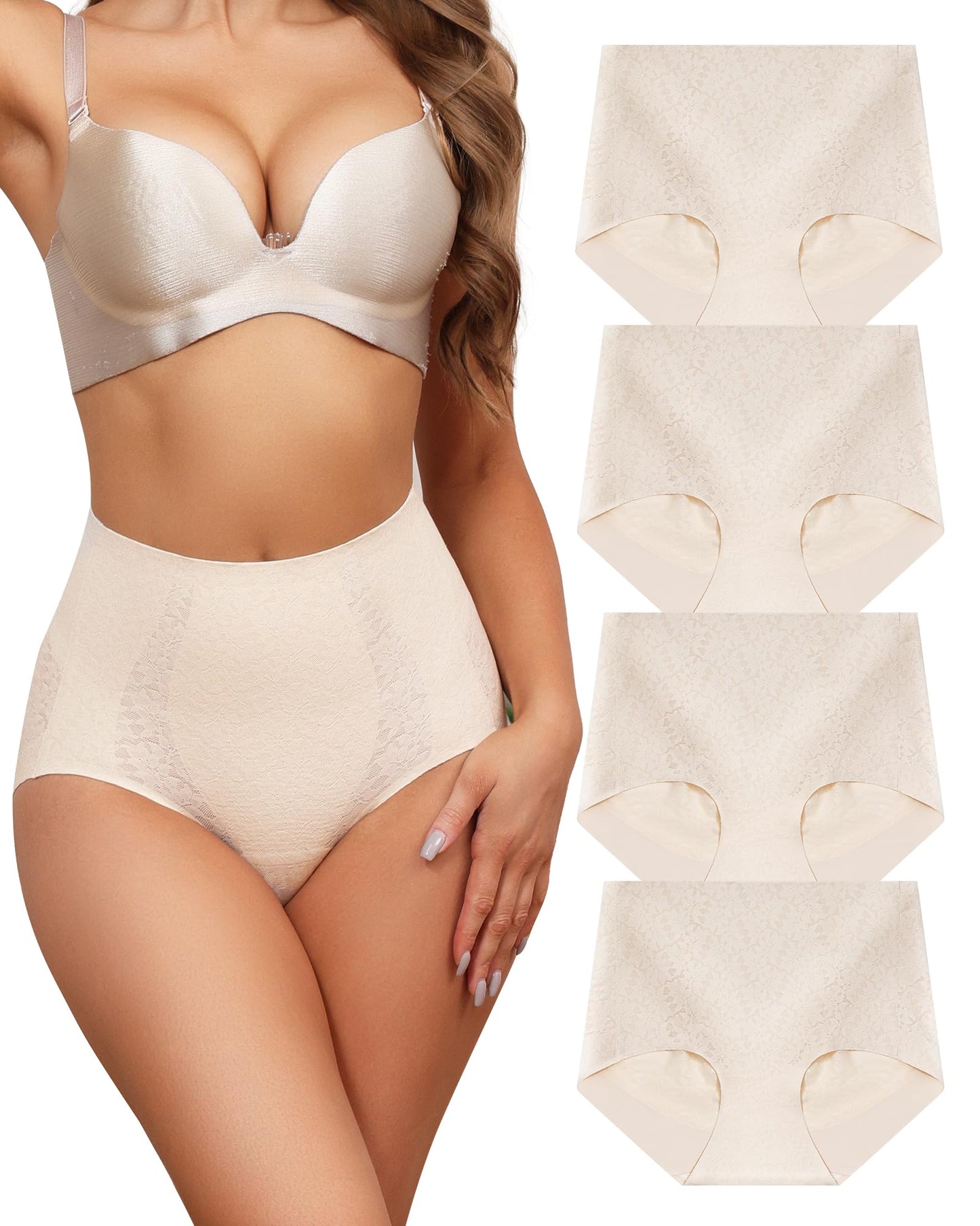 LEVAO Tummy Control High Waisted Underwear for Women Full Coverage No Show Stretch Briefs Seamless Ladies Lace Panties S-XXL