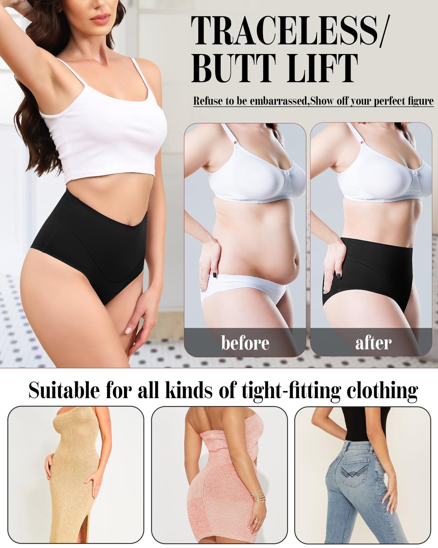 LEVAO High-Waist Thong Shapewear for Women – Tummy Control Seamless Brazilian Panties, No Show, Postpartum Underwear, 4-Pack