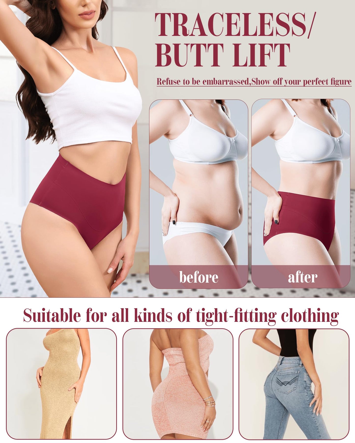 LEVAO High-Waist Thong Shapewear for Women – Tummy Control Seamless Brazilian Panties, No Show, Postpartum Underwear, 4-Pack
