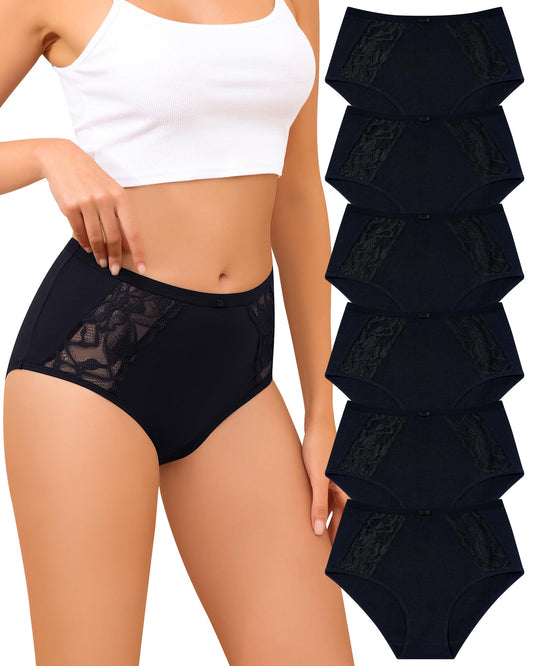 LEVAO Cotton Underwear for Women, Lace High Waisted Lace Hipster, Stretch Bikini Briefs for Ladies, Breathable & Soft, 6 Pack