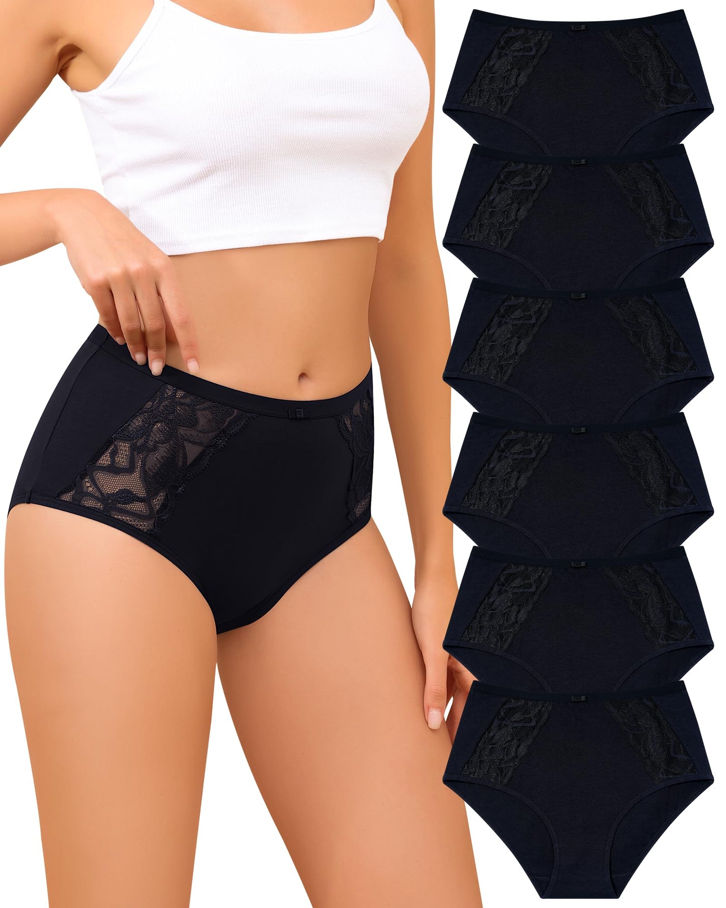 LEVAO Cotton Underwear for Women, Lace High Waisted Lace Hipster, Stretch Bikini Briefs for Ladies, Breathable & Soft, 6 Pack