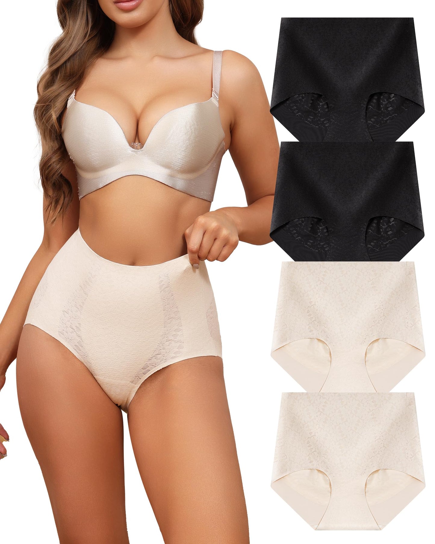 LEVAO Tummy Control High Waisted Underwear for Women Full Coverage No Show Stretch Briefs Seamless Ladies Lace Panties S-XXL
