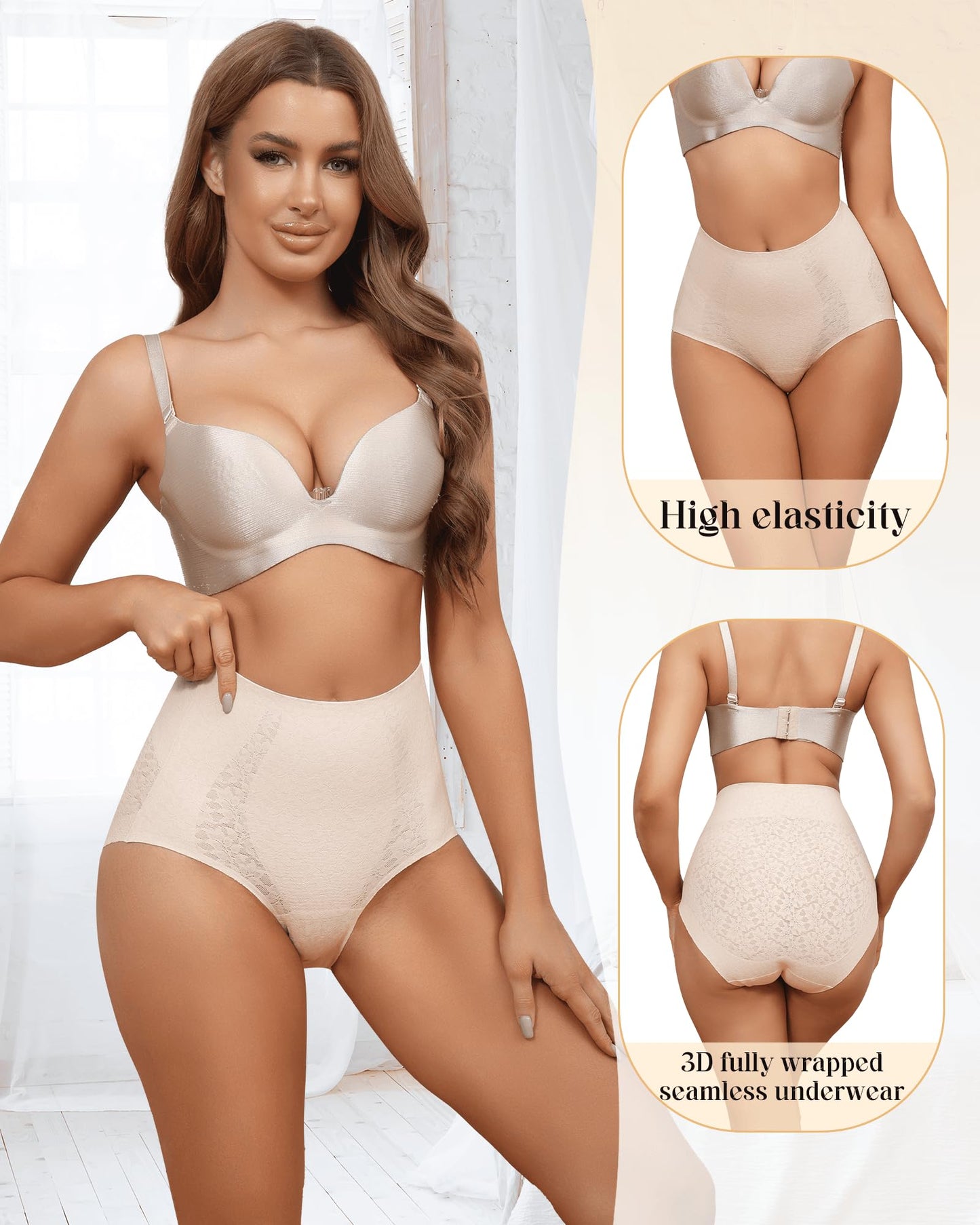 LEVAO Tummy Control High Waisted Underwear for Women Full Coverage No Show Stretch Briefs Seamless Ladies Lace Panties S-XXL