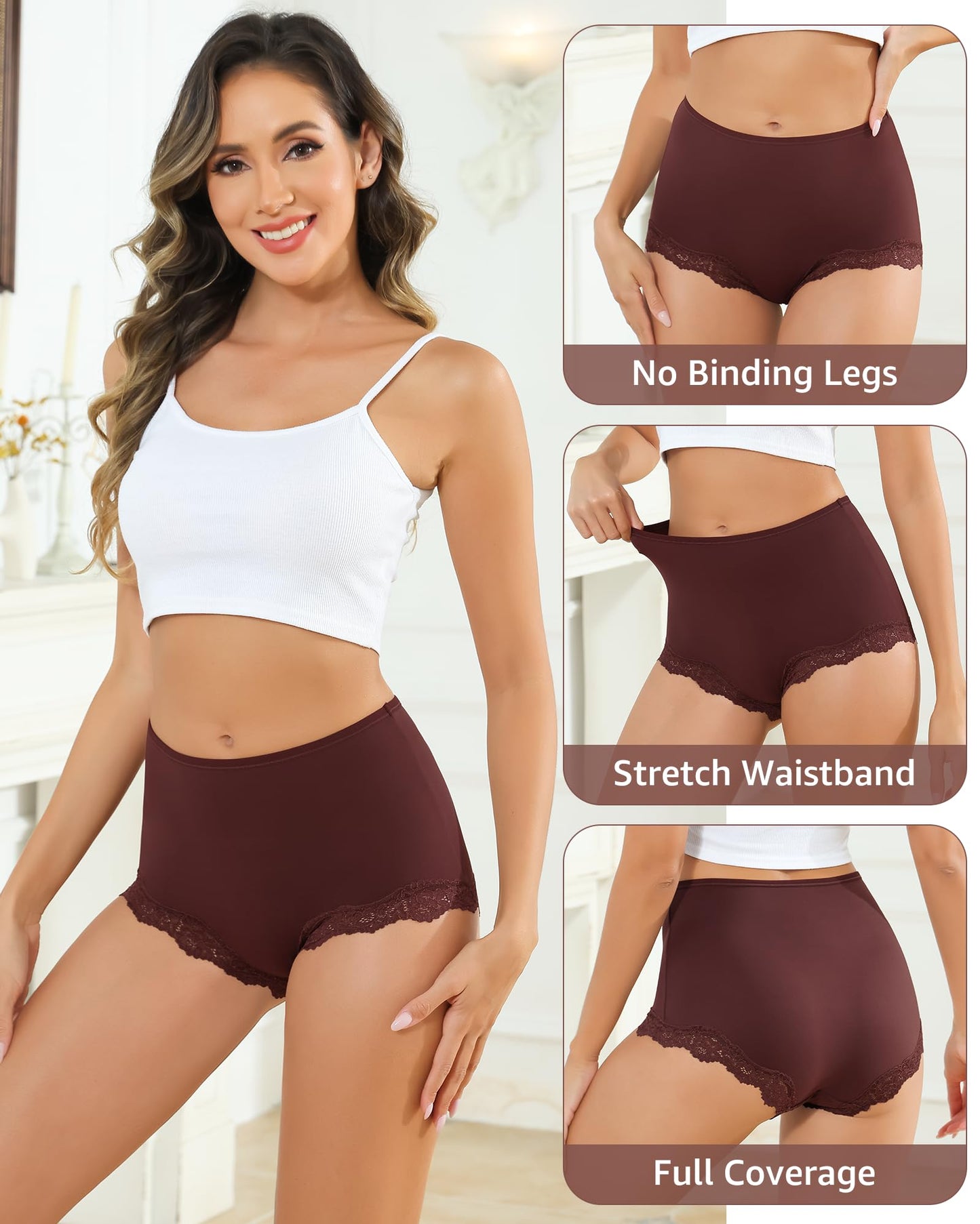 LEVAO Women’s High Waisted Underwear Stretchy Boxer Panties Lace Full Covreage Briefs 5 Pack S-XL