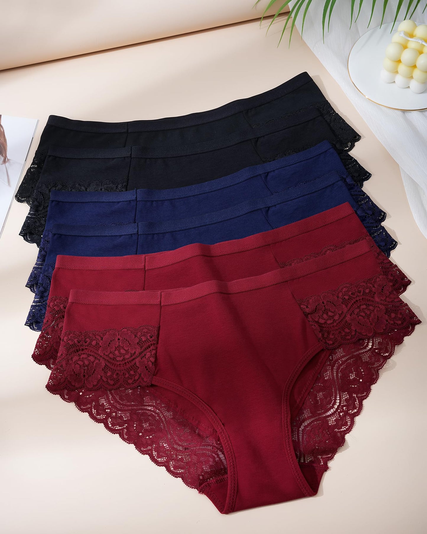 LEVAO Cotton Underwear for Women Lace Cheeky Bikini Panties Stretch Ladies Soft Hipster Briefs 6 Pack S-XXL