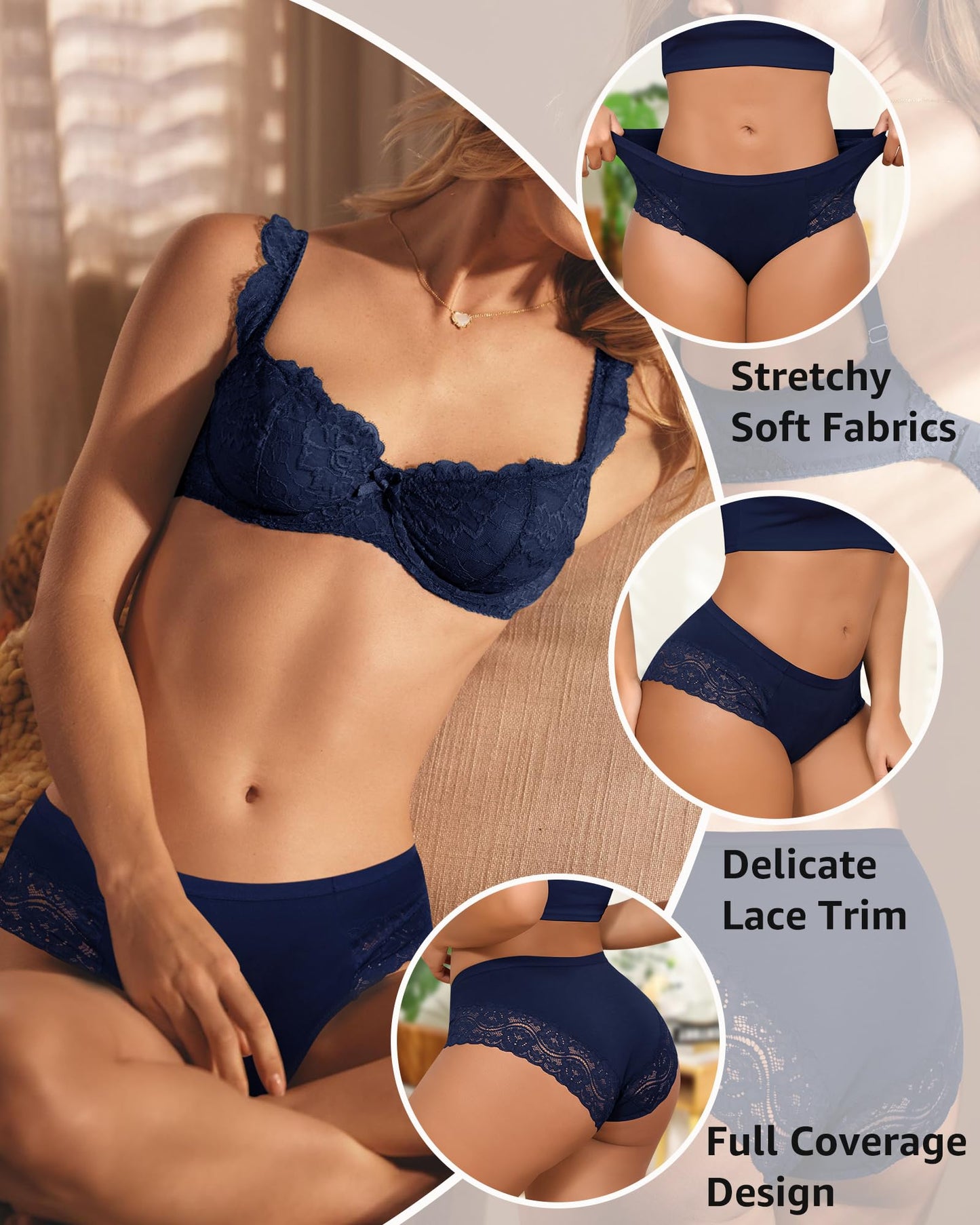 LEVAO Cotton Underwear for Women Lace Cheeky Bikini Panties Stretch Ladies Soft Hipster Briefs 6 Pack S-XXL