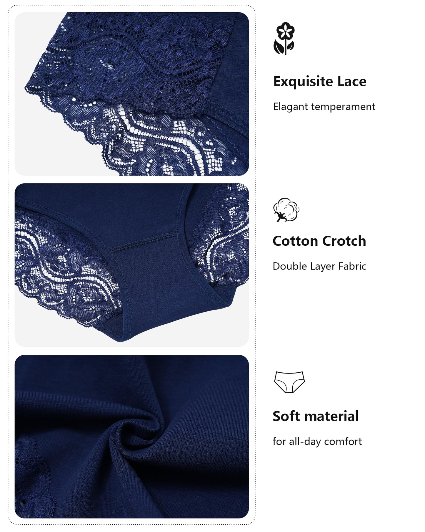 LEVAO Cotton Underwear for Women Lace Cheeky Bikini Panties Stretch Ladies Soft Hipster Briefs 6 Pack S-XXL