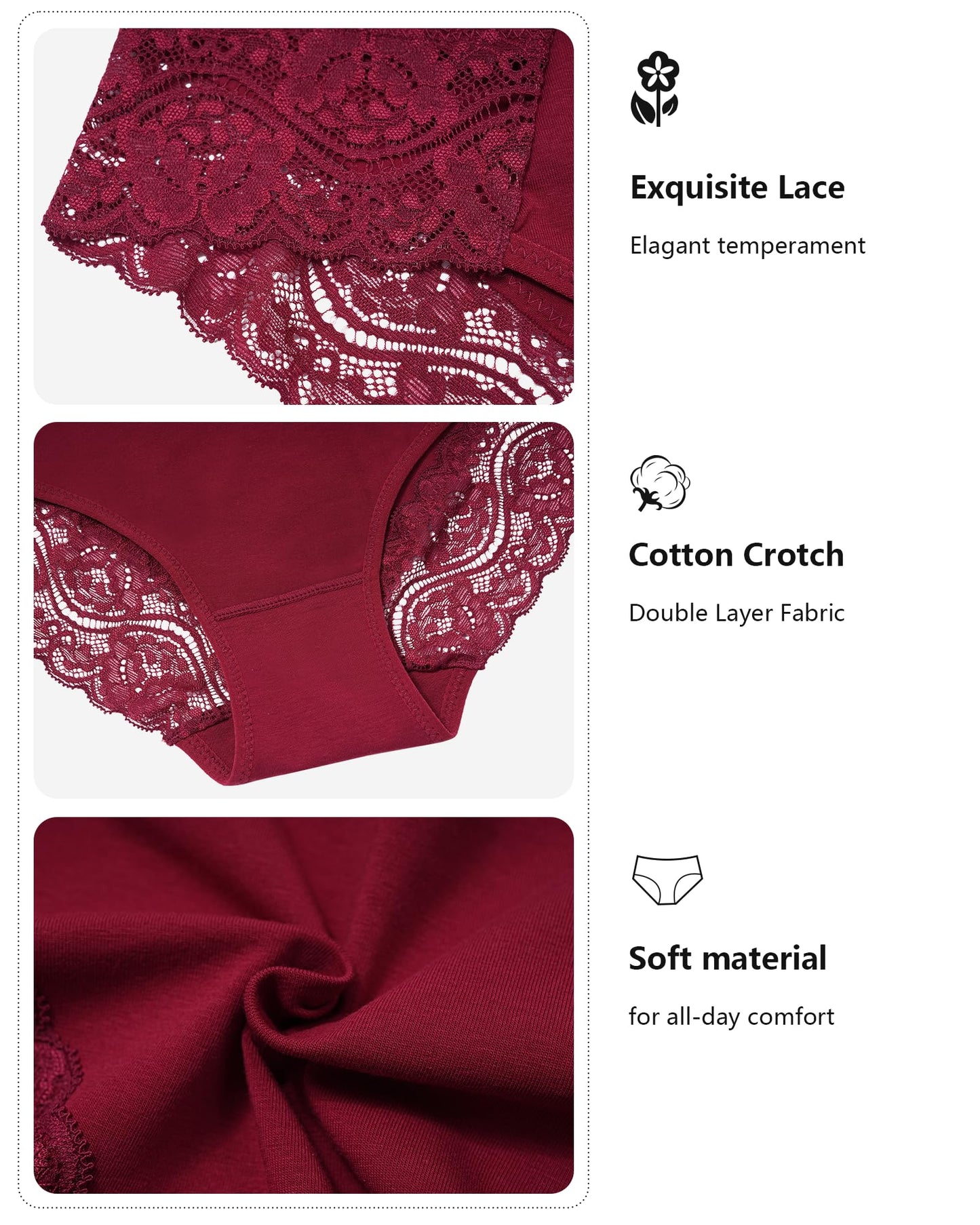 LEVAO Cotton Underwear for Women Lace Cheeky Bikini Panties Stretch Ladies Soft Hipster Briefs 6 Pack S-XXL