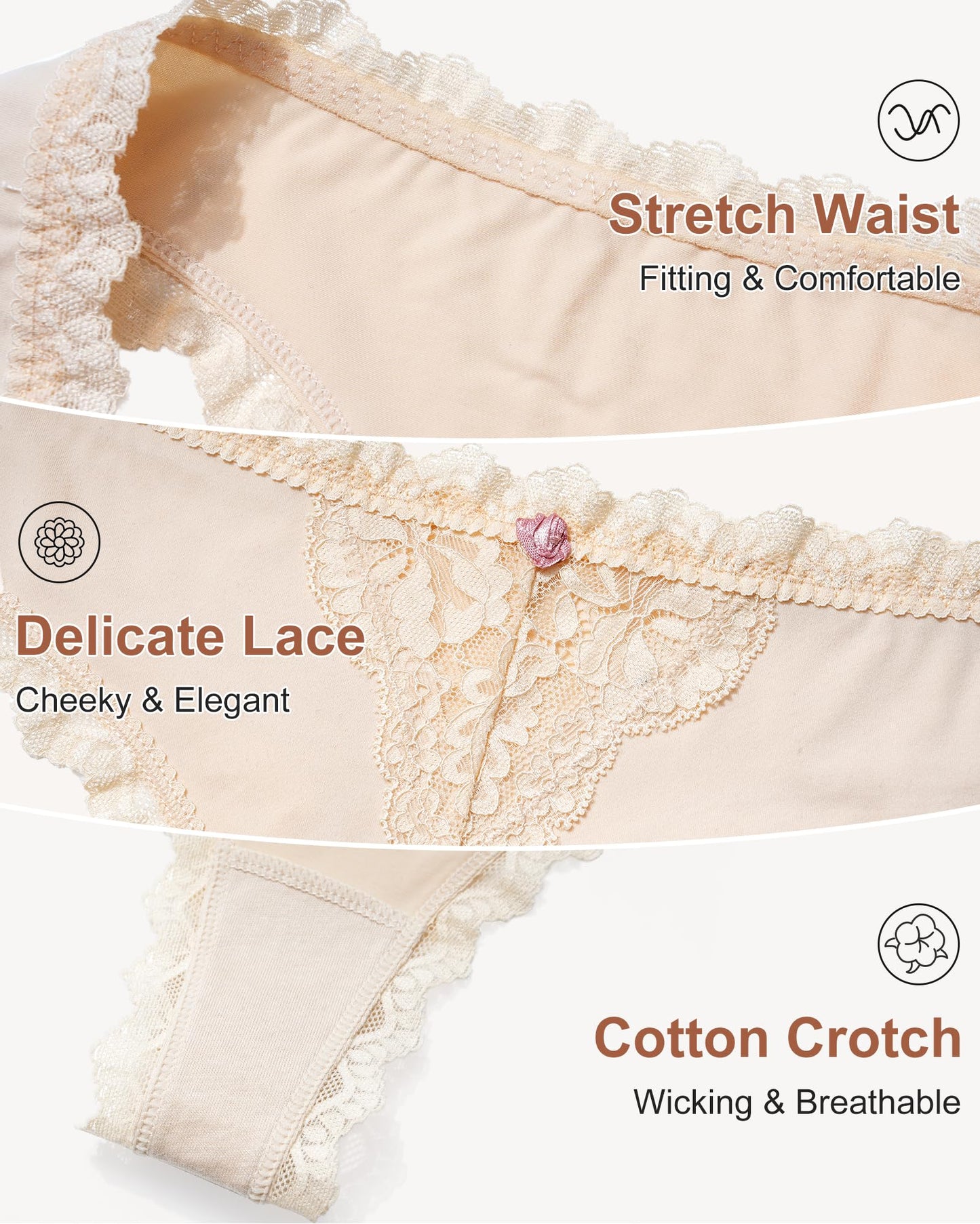 LEVAO Lace Thongs Low Waisted Underwear for Women Stretch Bikini Panties T Back Hipster Cheeky Breathable Briefs Multipack
