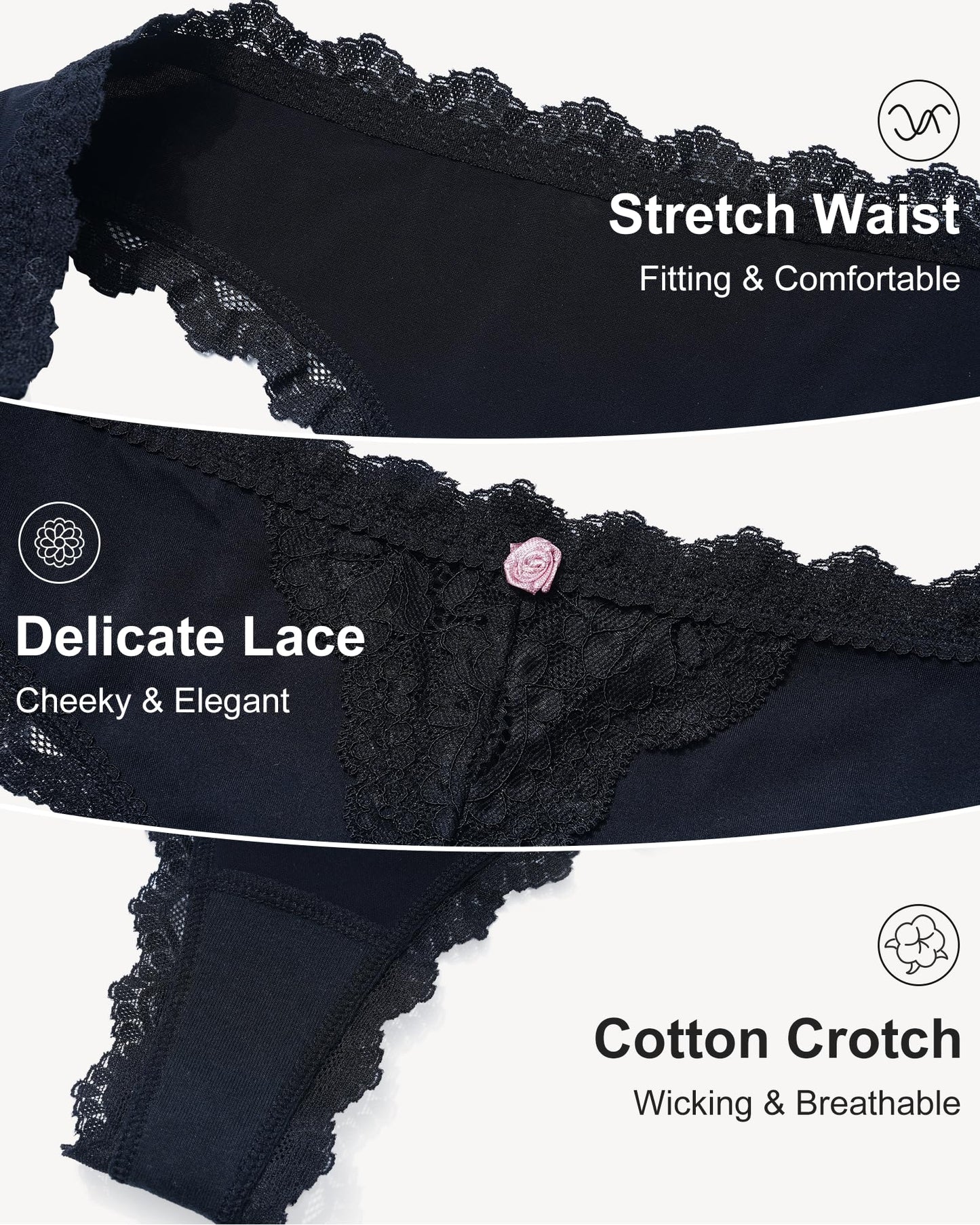 LEVAO Lace Thongs Low Waisted Underwear for Women Stretch Bikini Panties T Back Hipster Cheeky Breathable Briefs Multipack