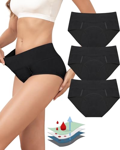 LEVAO Women's Hipster Bikini Underwear Heavy Flow Leak-Proof High Waisted Panties Cotton Panties Breathable Briefs 3Pcs S-3XL