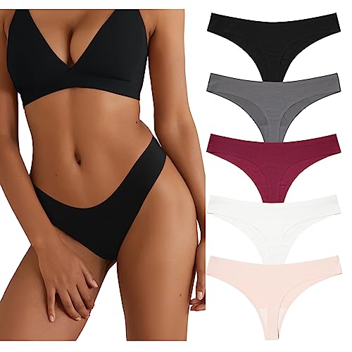 LEVAO 5 Pack Seamless Thongs for Women Stretch Low Rise G-String Sexy Underwear Invisible Soft T-Back No Show Thong Panties S-XL