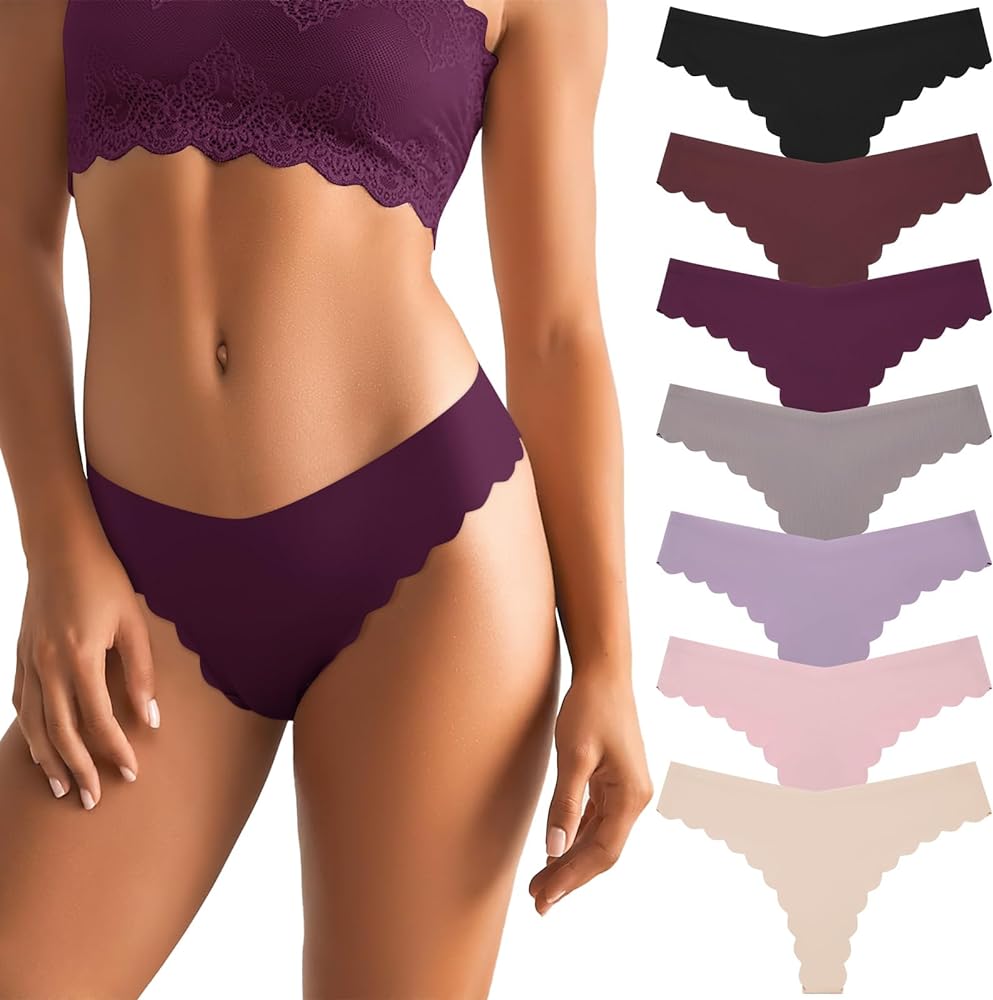 LEVAO Seamless Thongs for Women-No Show Underwear-Invisible Silky Panties- Sexy V-waisted Wavy Sides G-String Panties 7 Pack