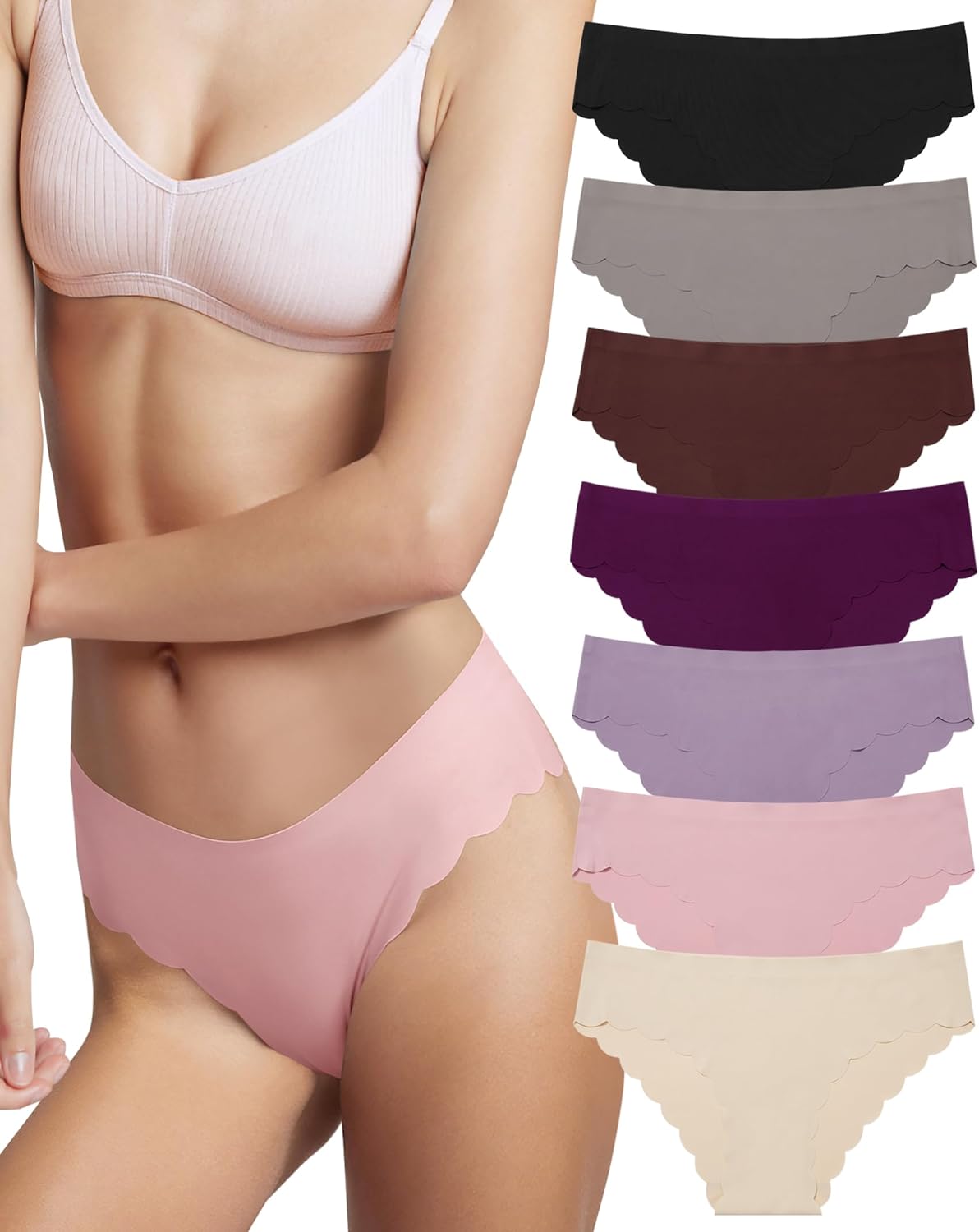 LEVAO Seamless Underwear for Women No Show Ice Silk Bikini Breathable Hipster Wavy Sides Invisibles Panties 7 Pack S-XL
