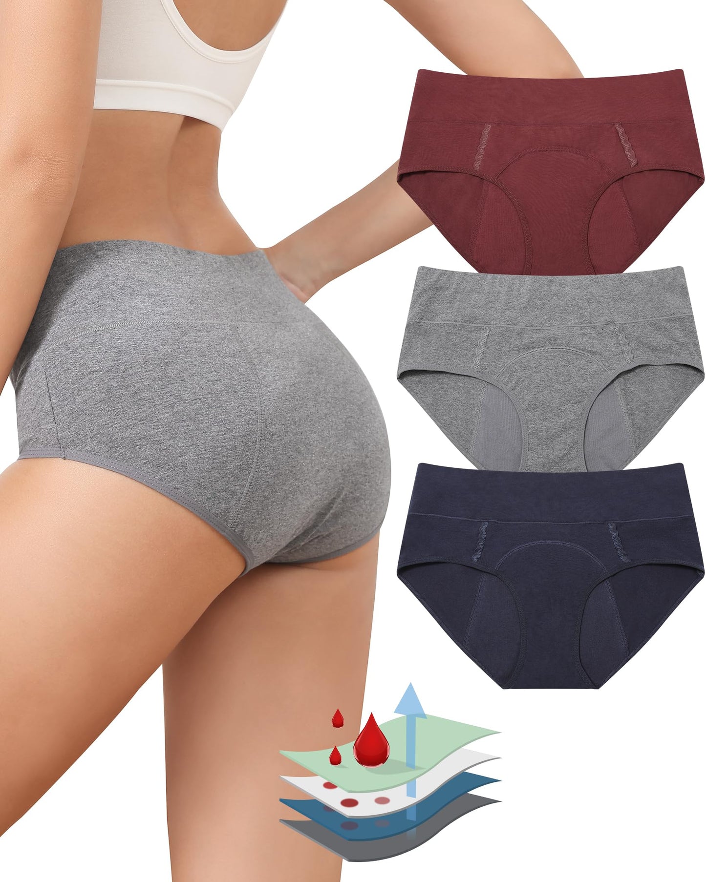LEVAO Women's Hipster Bikini Underwear Heavy Flow Leak-Proof High Waisted Panties Cotton Panties Breathable Briefs 3Pcs S-3XL