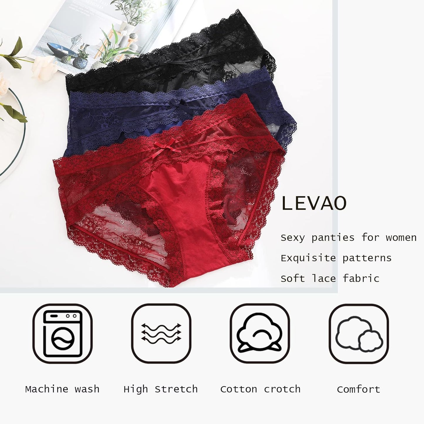 LEVAO Women Lace Underwear Sexy Breathable Hipster Panties Stretch Seamless Bikini Briefs Multipack