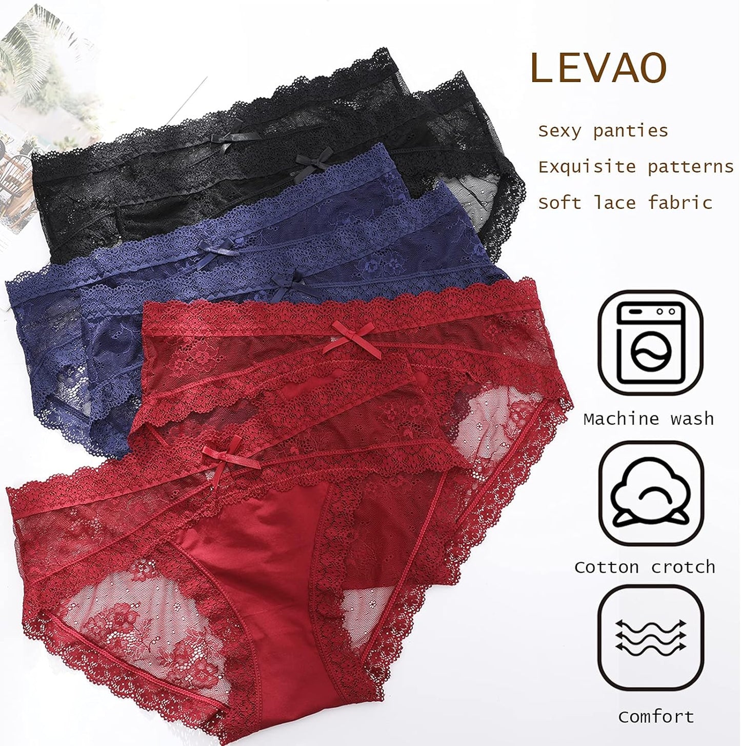 LEVAO Women Lace Underwear Sexy Breathable Hipster Panties Stretch Seamless Bikini Briefs Multipack
